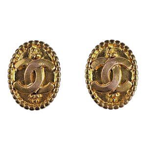 CHANEL Gold Plated Clip On CC Earrings Vintage Statement Logo Oval Authentic